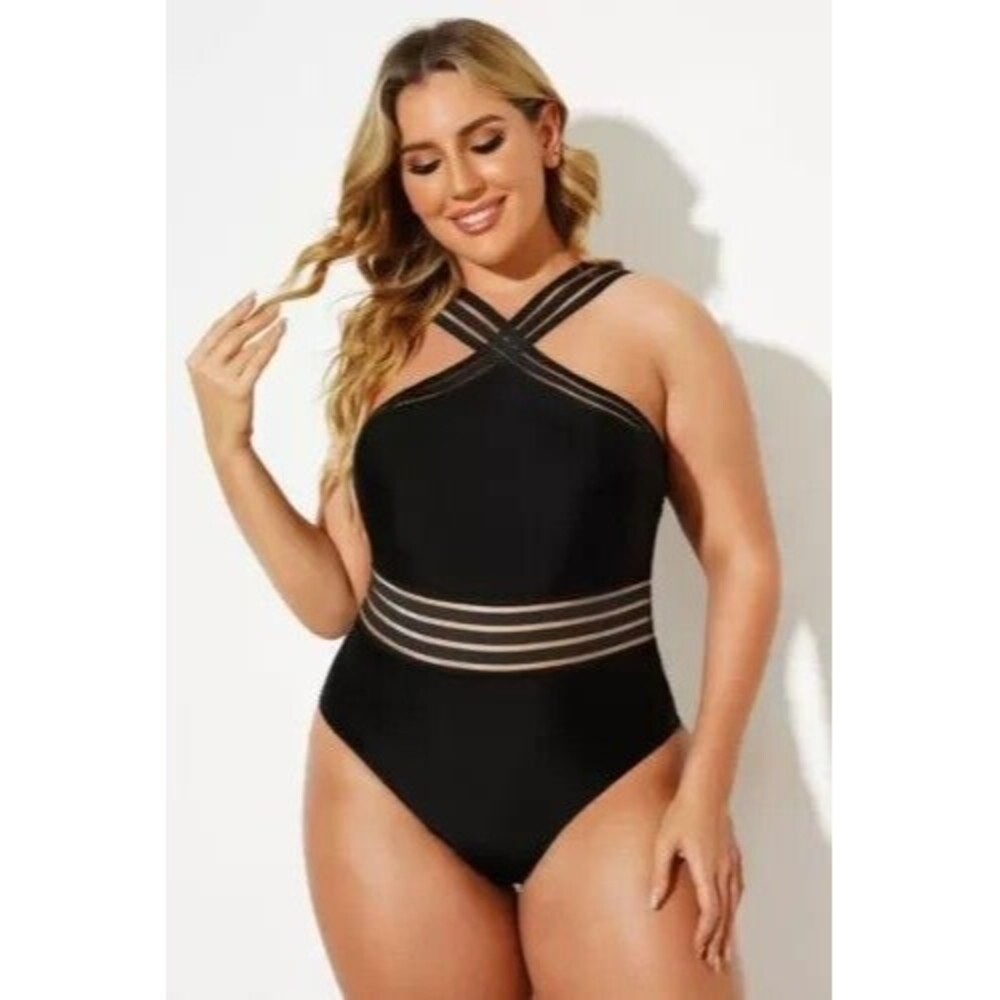 Meet Curve Black Halter Neck Swimsuit with Mesh Inserts and Straps size XL New!